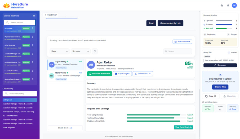 RecruitFlow candidate shortlist and matching dashboard